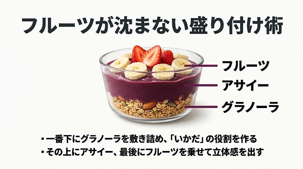 下からグラノーラ、アサイー、フルーツの順に重ねることで、グラノーラがいかだの役割をして沈まず綺麗に仕上がる図解