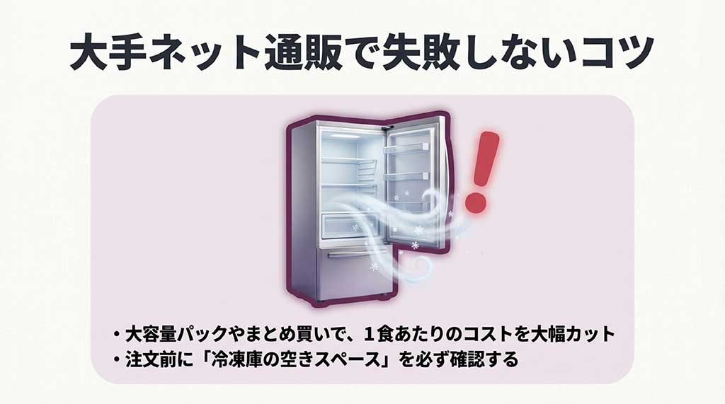 大容量まとめ買いでコストを抑える方法と、注文前に冷凍庫の空きスペースを必ず確認するという注意点を示すイラスト