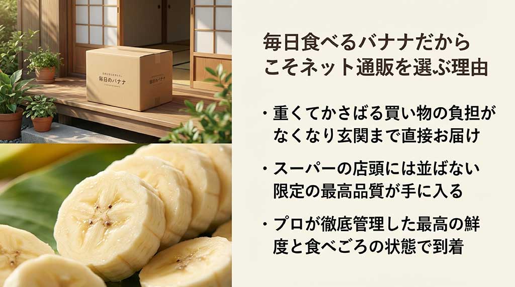 重い買い物の負担軽減、限定の最高品質、プロによる鮮度管理など、バナナを通販で買うメリットを解説したスライド