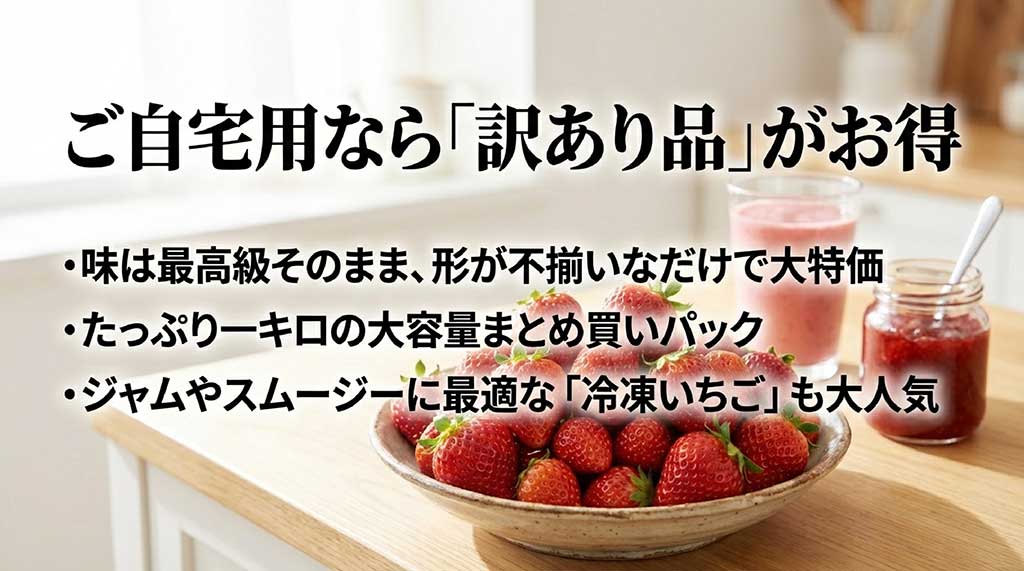 味は最高級そのままに形が不揃いな「訳あり品」や、ジャム・スムージーに便利な大容量の冷凍いちごの紹介
