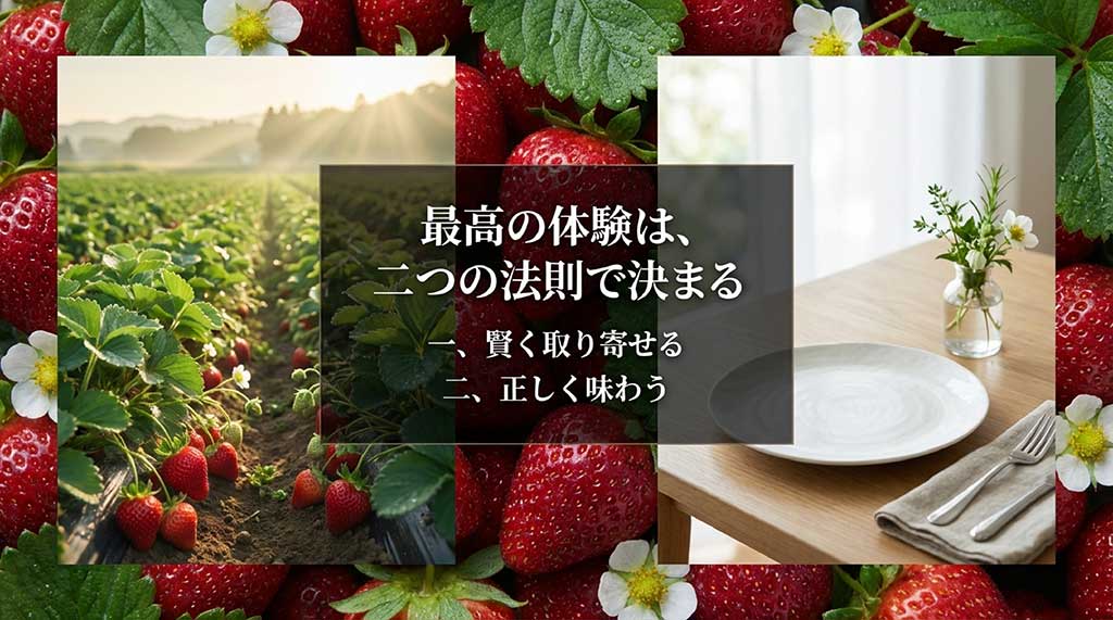 最高のあまおう体験は「賢く取り寄せる」と「正しく味わう」の二つの法則で決まることを示すスライド画像