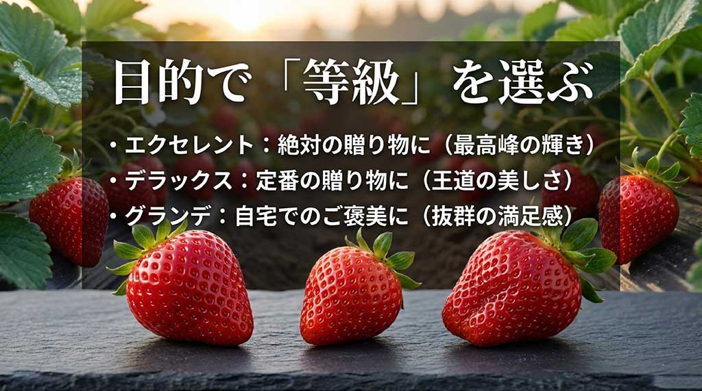 エクセレント（贈り物）、デラックス（定番ギフト）、グランデ（自宅用）という、目的に合わせた等級の選び方を解説した図解スライド