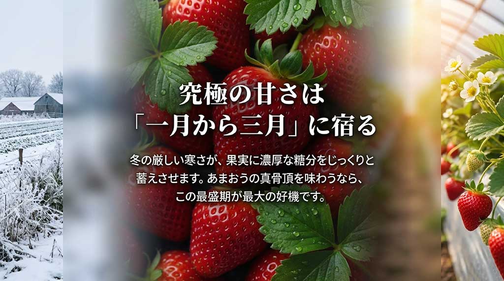 冬の寒さが甘みを蓄えさせるため、あまおうの真骨頂は1月から3月に宿ることを説明するスライド画像