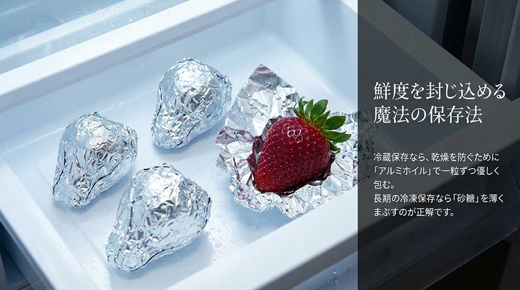 冷蔵ならアルミホイルで包む、冷凍なら砂糖をまぶすといった、あまおうの鮮度を保つ保存法を紹介するスライド画像
