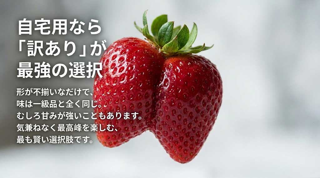 形が不揃いなだけで味は一級品と同じ、むしろ甘いこともある「訳ありあまおう」が自宅用には最適であることを示すスライド