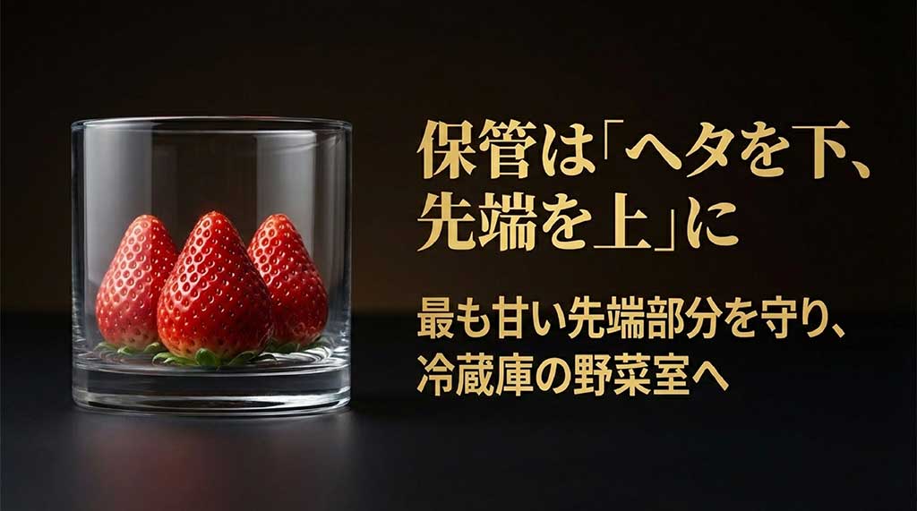いちごの最も甘い先端を守るための、ヘタを下にした正しい冷蔵保存方法