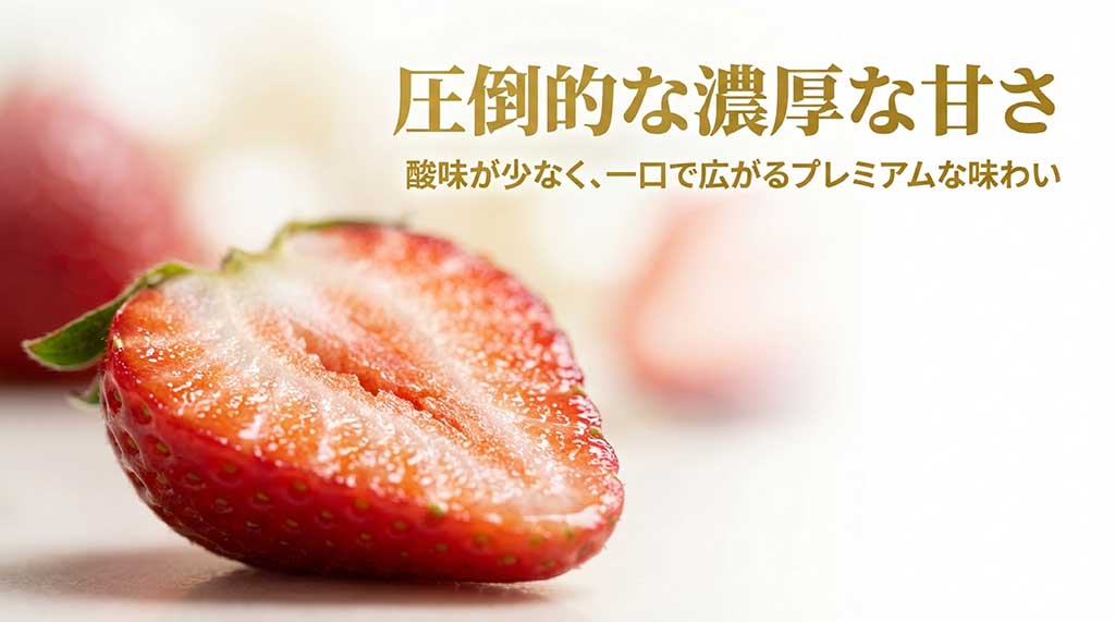 酸味が少なく濃厚な甘さが特徴のプレミアムいちご「あまりん」の味の解説