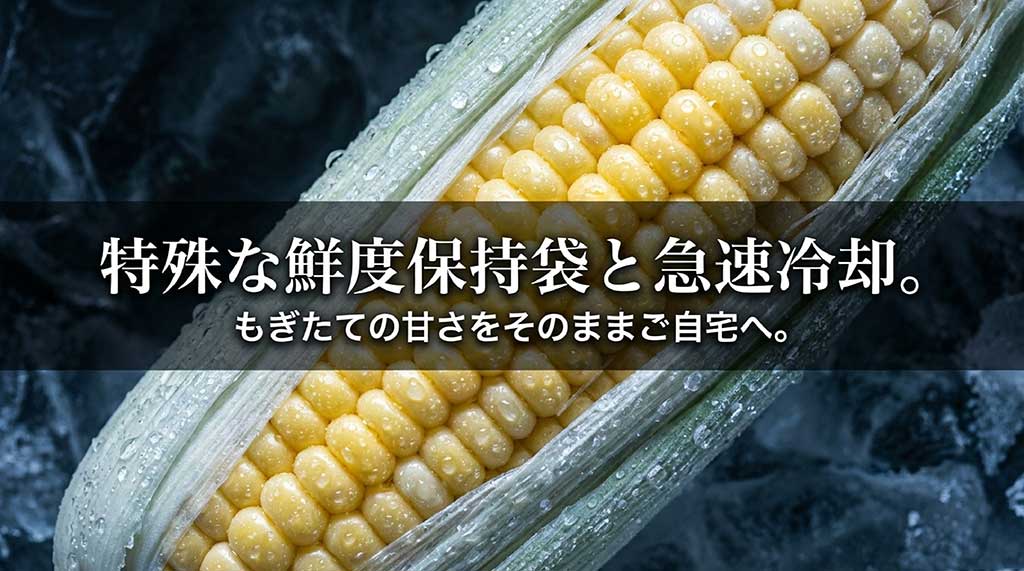 特殊な鮮度保持袋と急速冷却により、収穫直後の甘さを自宅まで届ける仕組みの解説スライド