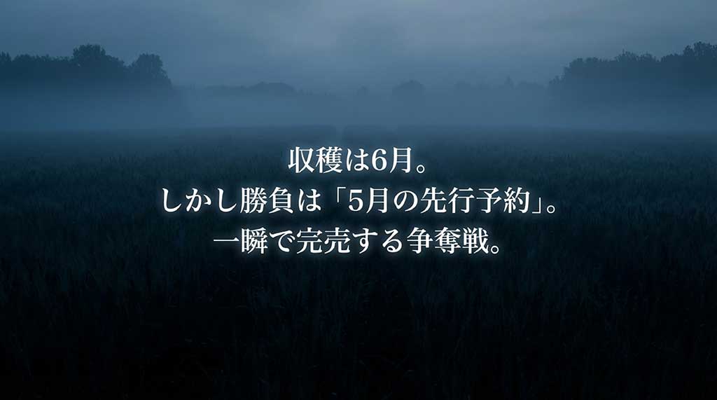 収穫は6月だが、5月の先行予約で一瞬で完売してしまう争奪戦の厳しさを伝えるスライド