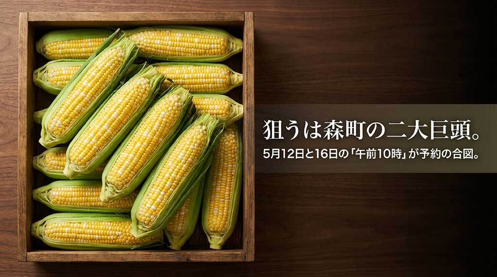 木箱に入ったとうもろこしの写真とともに、5月12日と16日の午前10時が予約開始の合図であることを示すスライド