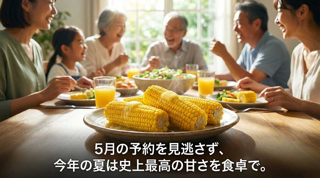 5月の予約を逃さず、史上最高の甘さを食卓で楽しもうと呼びかける結びのスライド