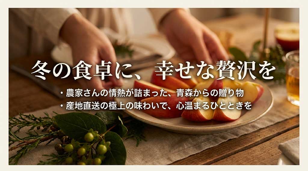 農家さんの情熱が詰まった青森からの贈り物で、心温まるひとときを提案するエンディングスライド