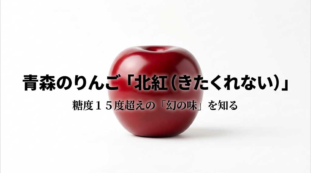 青森県産の希少なりんご「北紅」のタイトルスライド。糖度15度を超える幻の味というキャッチコピー