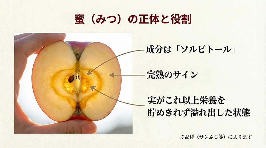 りんごの蜜の成分がソルビトールであることや、完熟して栄養が溢れ出したサインであることを説明する図解