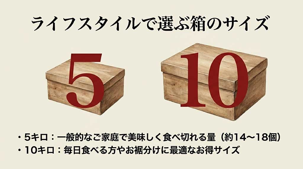 5キロ（約14〜18個）と10キロの箱のイラスト。家庭用とお裾分け用の使い分けガイド