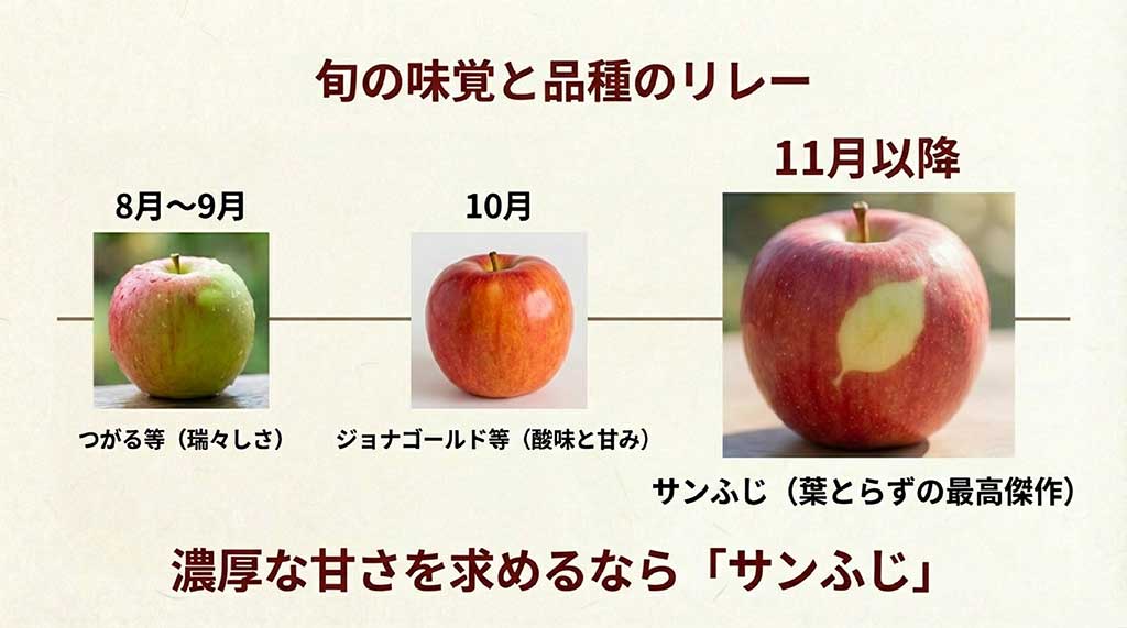 8月から11月以降にかけて、つがる、ジョナゴールド、サンふじと続く品種のリレーを紹介。サンふじを葉とらずの最高傑作として推奨している