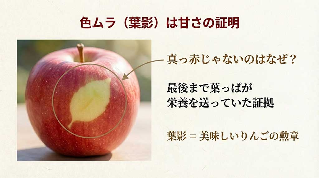りんごの表面に葉っぱの形をした色ムラ（葉影）がある様子。これが最後まで葉から栄養が送られていた証拠であり、美味しいりんごの勲章であることを示している