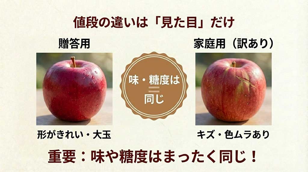 贈答用と家庭用（訳あり）の見た目の違いを比較した画像。形やキズの有無で値段は異なるが、味や糖度はまったく同じであることを強調している