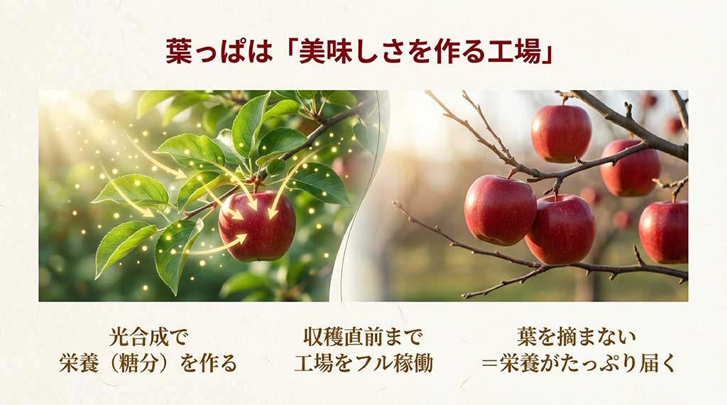 りんごの葉が光合成によって糖分を作り、実へ栄養を送る様子を図解したイラスト。葉を摘まないことで栄養がたっぷり届くことを説明している