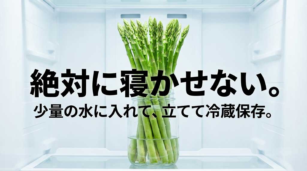 アスパラガスを少量の水に入れて立てて冷蔵保存する、鮮度を1週間守るコツ