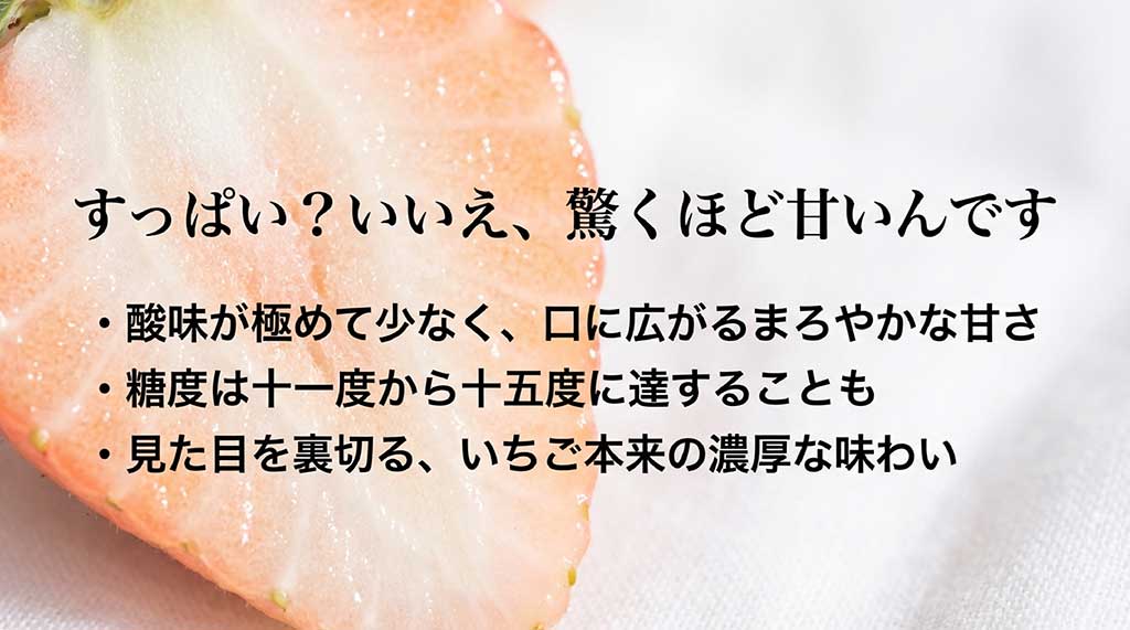 淡雪の糖度は11度〜15度に達し、酸味が少なく濃厚な味わいであることの解説