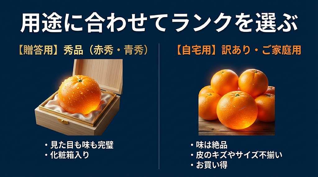 化粧箱入りの秀品と、キズありでお得なご家庭用の紅まどんなの違いを比較した図解