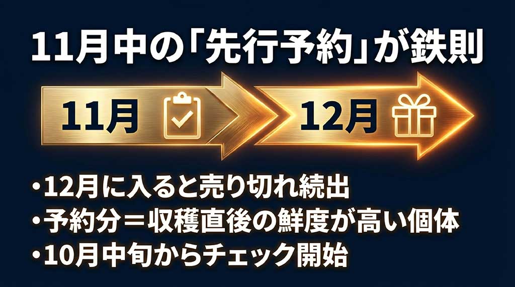 12月の売り切れを避けるため、11月中に先行予約を行うべき理由とメリットを図解したスライド