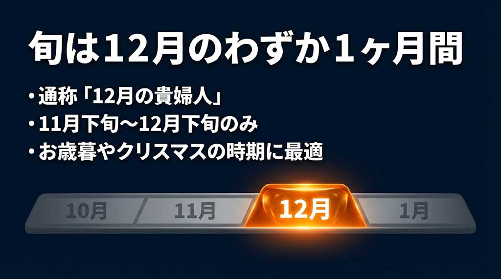 11月下旬から12月下旬までのわずか1ヶ月間という、紅まどんなの短い旬の時期を示すカレンダー図解