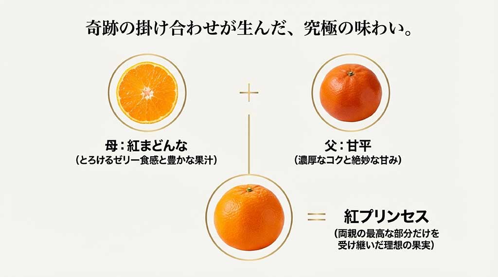 母「紅まどんな」のゼリー食感と父「甘平」の濃厚な甘みを受け継いだ紅プリンセスの血統図