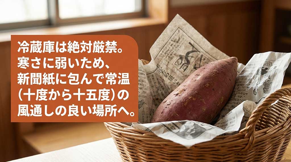 冷蔵庫は絶対厳禁。新聞紙に包んで常温（10度から15度）の風通しの良い場所で保存する手順