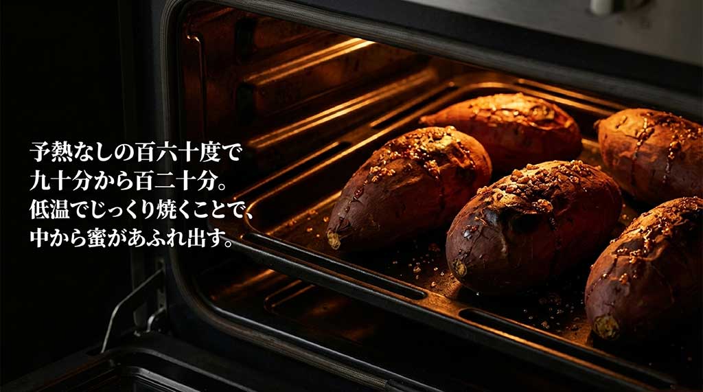 予熱なしの160度で90分から120分。低温でじっくり焼くことで中から蜜が溢れ出す焼き芋のレシピ