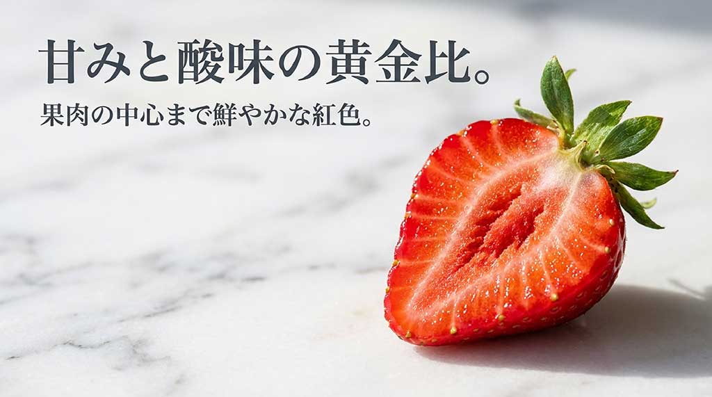 甘みと酸味の黄金比と、中心まで鮮やかな紅色をした紅ほっぺの果肉の解説