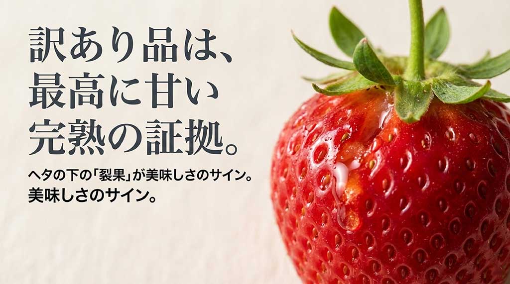 訳あり品は完熟の証拠であり、ヘタの下の裂果が美味しさのサインであることを示すスライド