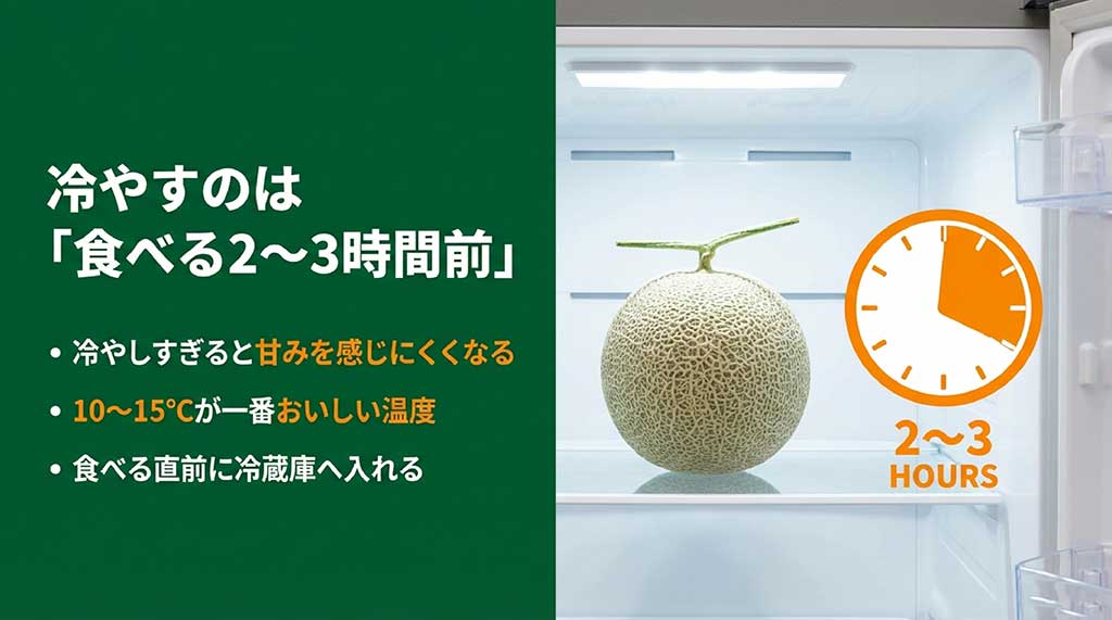 甘みを最大限に感じる10〜15度にするため、食べる直前に冷蔵庫へ入れるタイミングの解説