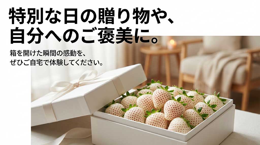 特別な日の贈り物や自分へのご褒美にふさわしい、箱を開けた瞬間に感動を与える白いちご