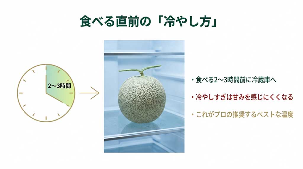 完熟したメロンを食べる直前の2〜3時間だけ冷蔵庫に入れて冷やす、最適な温度管理の図解