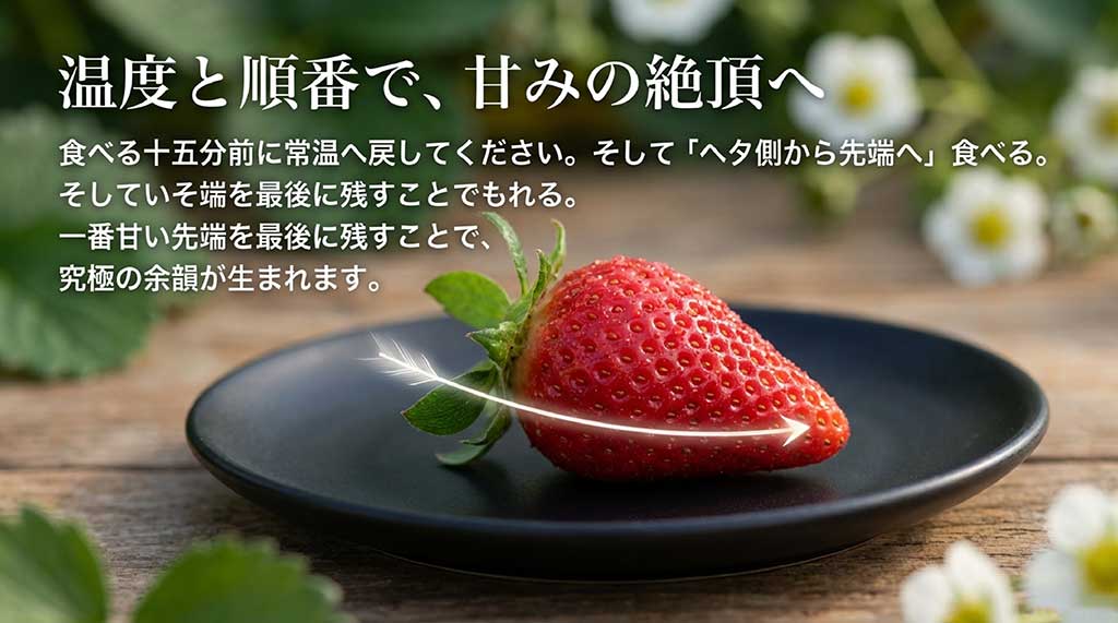 食べる15分前に常温に戻し、ヘタ側から先端へ食べることで究極の余韻が生まれることを説明するスライド画像