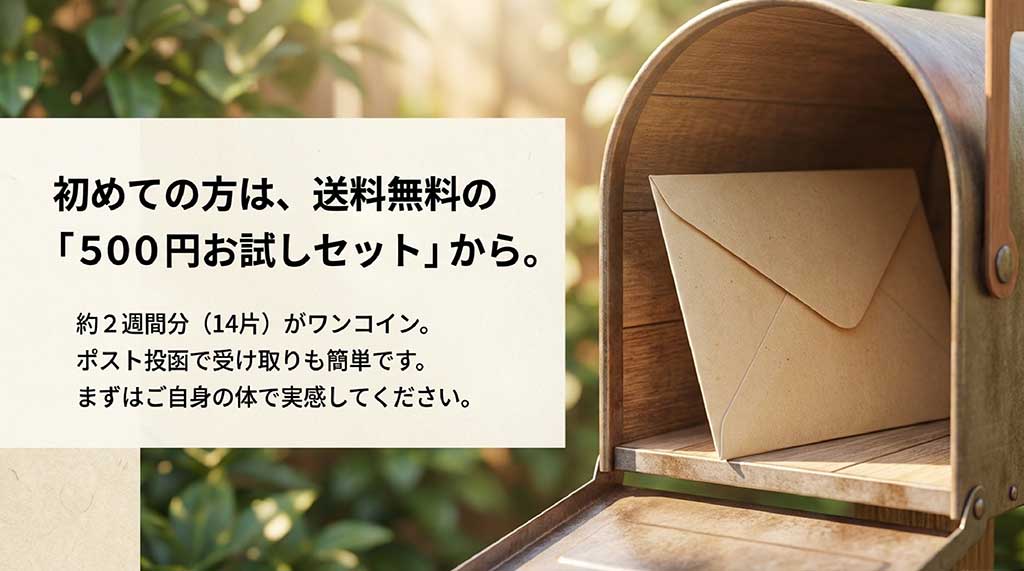 送料無料で約2週間分が試せる500円セットと、簡単なポスト投函受け取りを案内するスライド