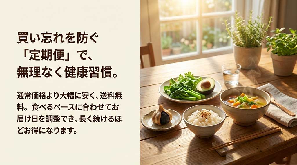 通常価格より安く、送料無料でお届け日も調整可能な定期便の仕組みを説明するスライド