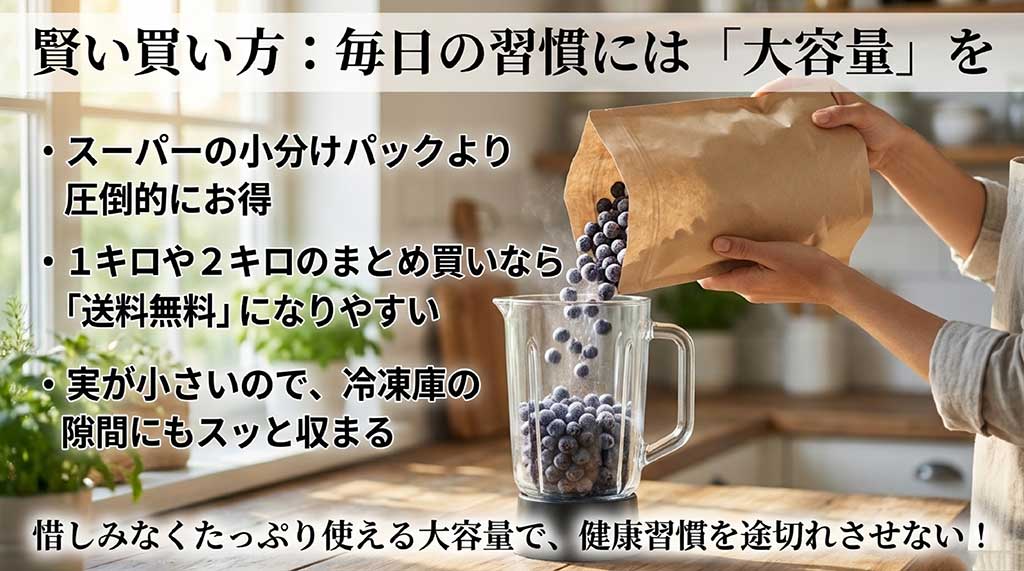 スーパーの小分けパックよりお得で 、送料無料になりやすく 、冷凍庫の隙間にも収まりやすい  大容量購入のメリット