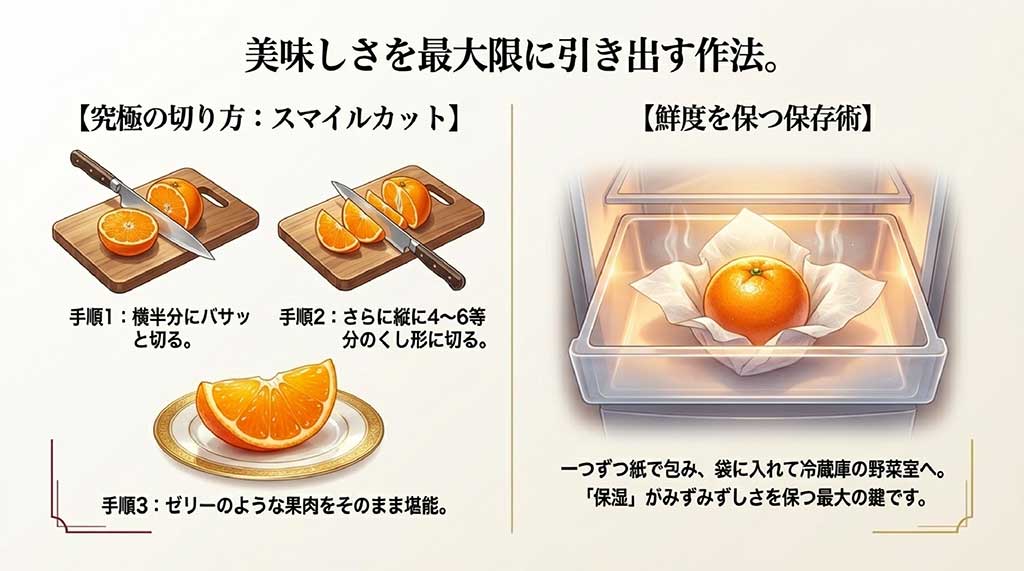 紅プリンセスのゼリー食感を楽しむスマイルカットの手順と、保湿を重視した冷蔵庫での保存術
