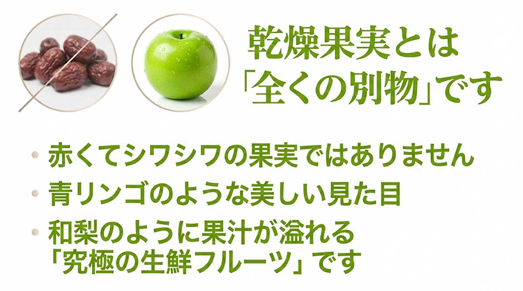 赤い乾燥ナツメと、青リンゴのような見た目の生鮮台湾ナツメの比較図
