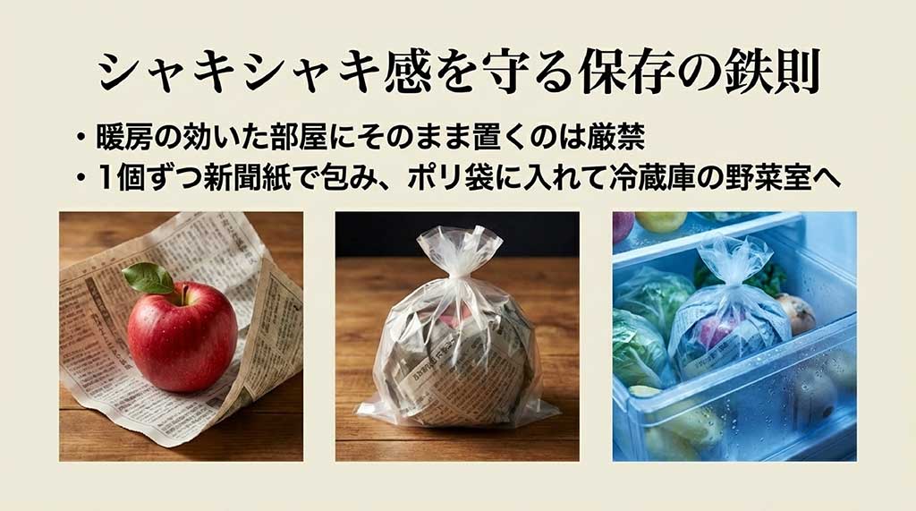 リンゴを新聞紙で包み、ポリ袋に入れて冷蔵庫の野菜室へ保管する様子を3ステップで示す写真スライド