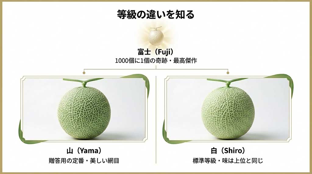 クラウンメロンの最高級「富士」、贈答用「山」、標準「白」の各等級の特徴を説明したスライド
