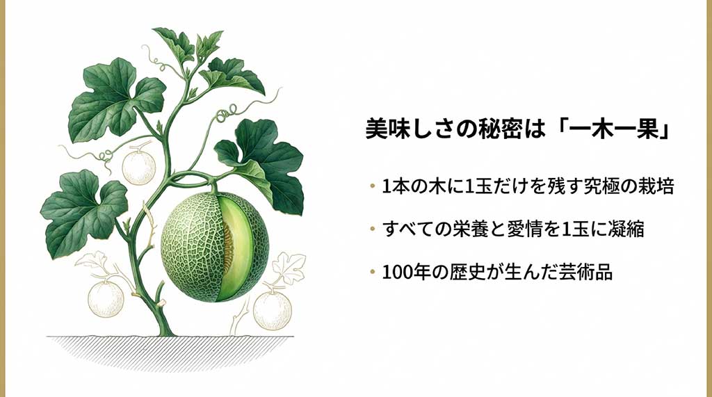 1本の木に1玉だけを残して栄養を凝縮させる、クラウンメロンの一木一果栽培の植物図解