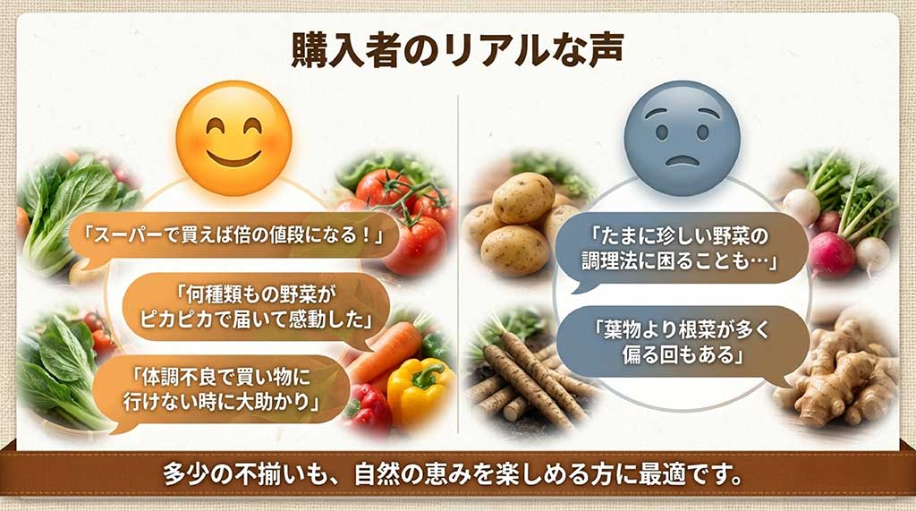 鮮度や価格への感動の声と、調理法や内容の偏りといった気になる声を併記した購入者の口コミスライド
