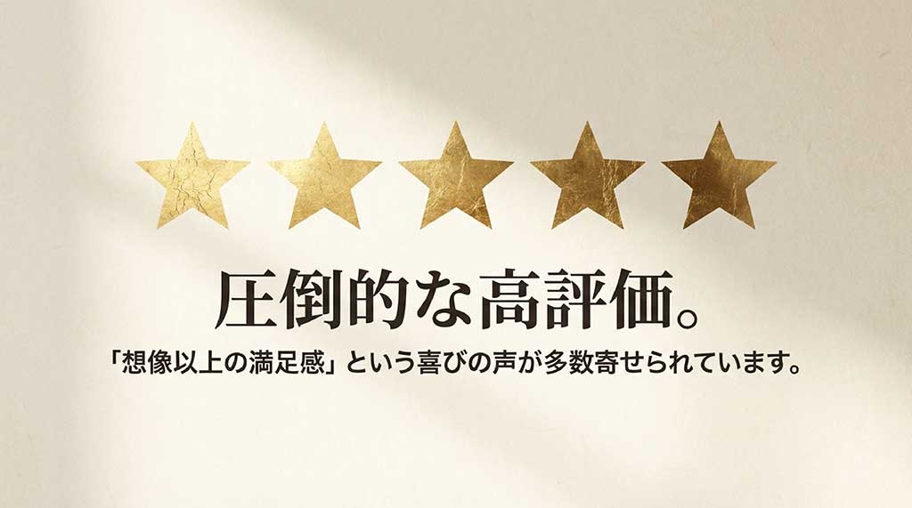 利用者から「想像以上の満足感」と圧倒的な高評価を得ていることを示すスライド