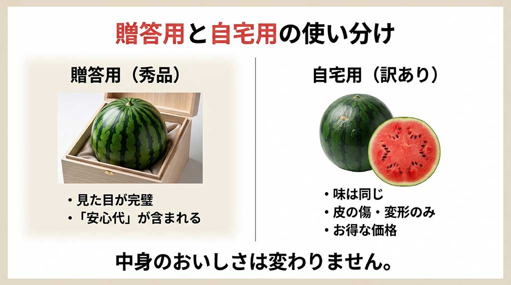 見た目の違いだけで味は変わらない、贈答用と自宅用の比較イメージ