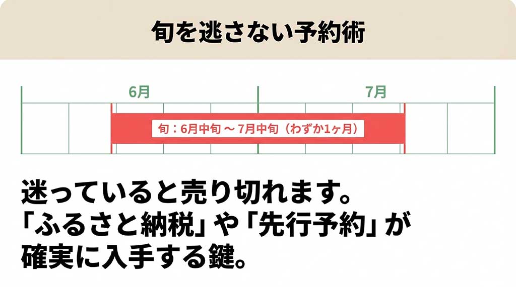 6月中旬〜7月中旬の短い旬と、先行予約・ふるさと納税の重要性