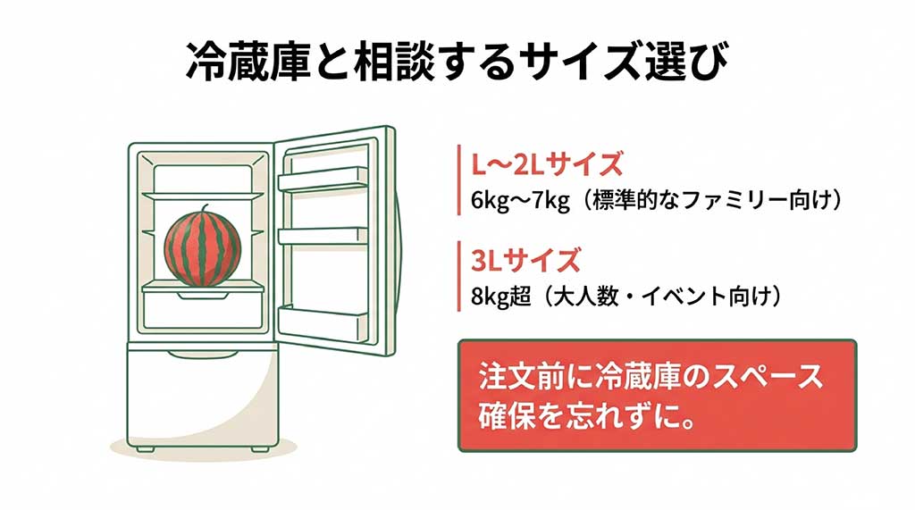 Lサイズから3Lサイズまでの重量目安と、冷蔵庫のスペース確保の注意喚起